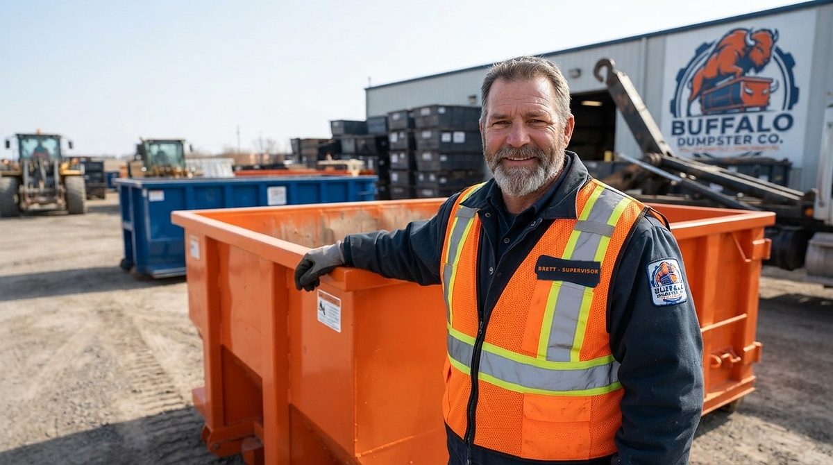 Brett, Buffalo Dumpster Co. yard supervisor, with an orange roll-off container