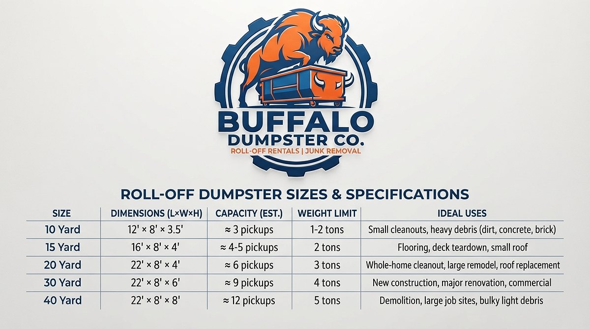 Buffalo Dumpster Co. roll-off dumpster sizes and specifications chart
