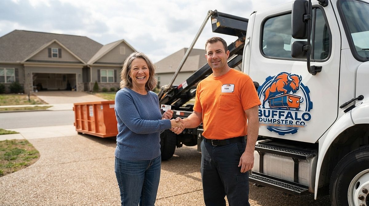 Buffalo Dumpster Co. roll-off container delivered to a driveway in the Lackawanna area
