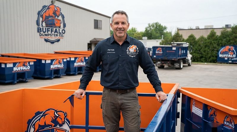 Peter of Buffalo Dumpster Co. with the roll-off containers at the Walden Avenue yard