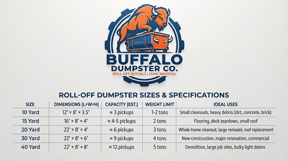 Buffalo Dumpster Co. roll-off dumpster sizes and specifications chart