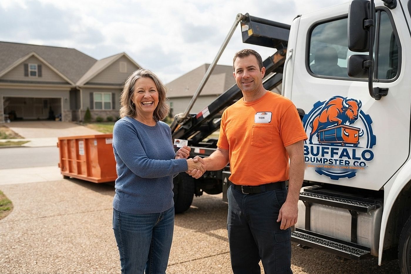 Buffalo Dumpster Co. driver handing a homeowner the paperwork beside a roll-off dumpster on a driveway