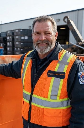 Brett, Buffalo Dumpster Co. yard supervisor, with a roll-off container